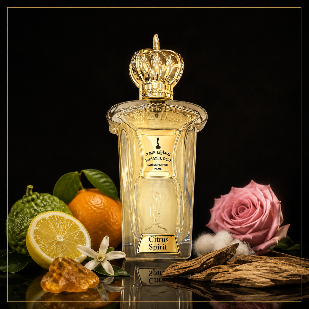 CITRUS SPIRIT | Rasayel Oud | Eau de Parfum – Duftnoten als hochwertiges Schwarz-Gold-Motiv