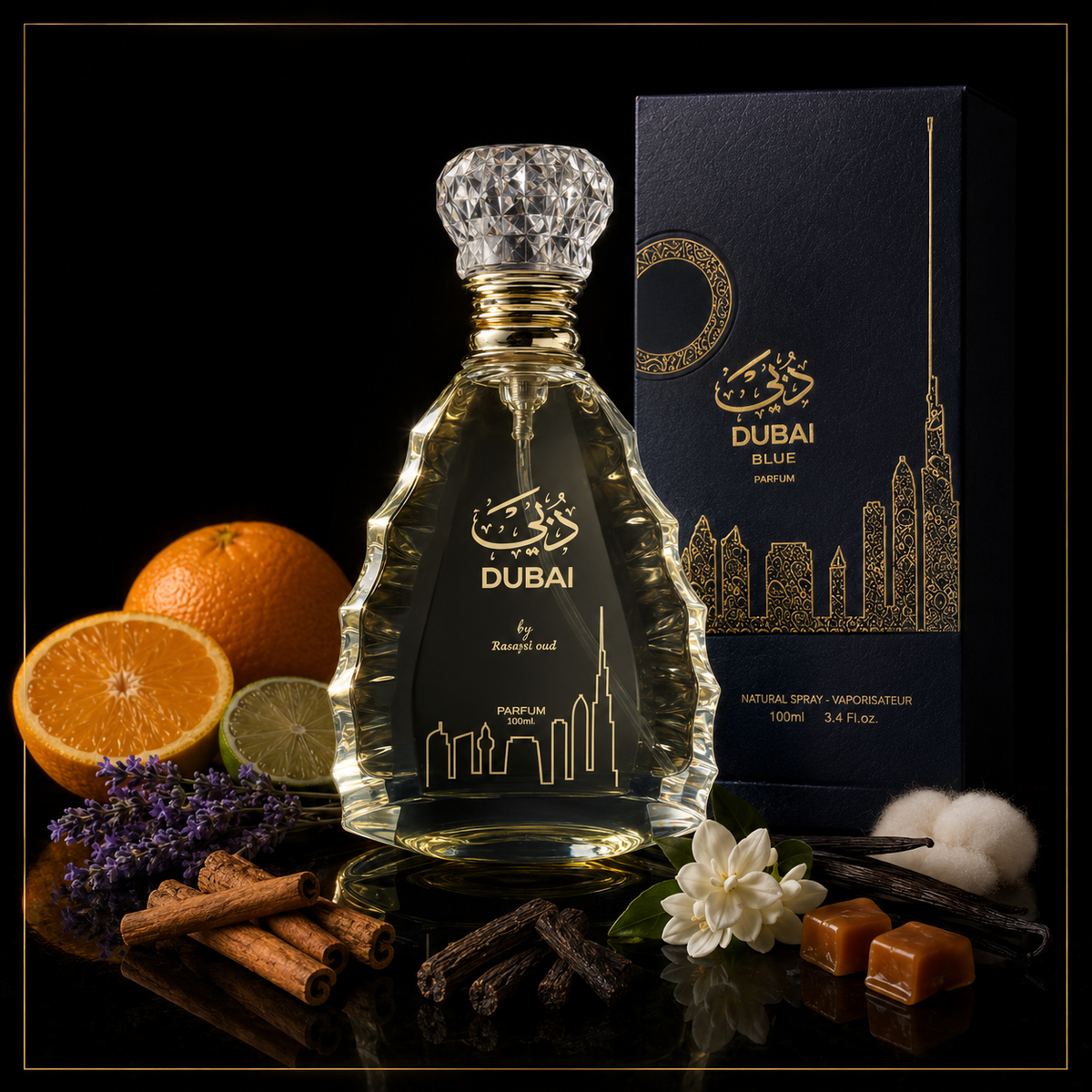 DUBAI BLUE | Rasayel Oud | Eau de Parfum | 100 ml – Duftnoten als hochwertiges Schwarz-Gold-Motiv