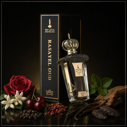 LAHFA | Rasayel Oud | Eau de Parfum – Duftnoten als hochwertiges Schwarz-Gold-Motiv