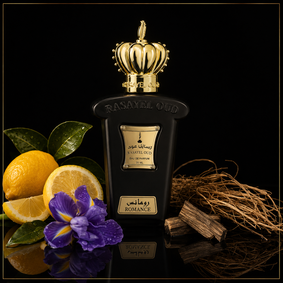 ROMANCE | Rasayel Oud | Eau de Parfum – Duftnoten als hochwertiges Schwarz-Gold-Motiv